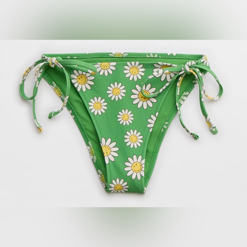 NWT Aerie Smiley® Cheekiest Tie Bikini Bottom in Green Smiling Daisies - Size S